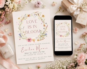 Floral Brautdusche Einladung, Liebe ist in Blüte, bearbeitbare Vorlage (Digitaler Download)