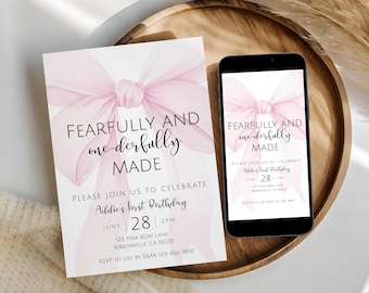 1st Birthday Pink Bow Invitation | Fearfully & One-derfully Made | Girl First Birthday Invite | Editable Digital