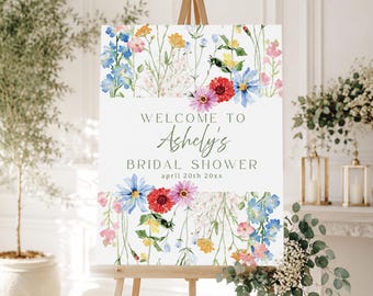 Benutzerdefinierte Wildblumen Brautdusche Willkommensschild, Hochzeit Eingang Dekor, bearbeitbares Blumenplakat, sofortiger Download