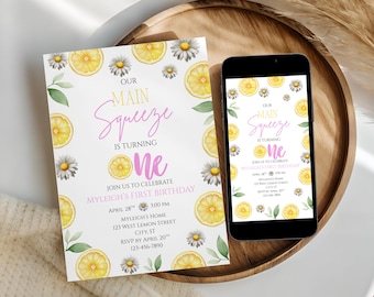 Our Main Squeeze is ONE - Lemon Themed Birthday Invitation