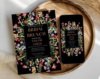 Floral Wildflower Bridal Brunch Invitation, Elegant Black Bride Brunch Invite (Digital Download)
