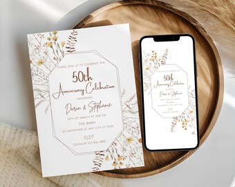 Rustikale Wildblumen Einladung zum 50. Jahrestag, Boho Goldener Hochzeitstag Einladen