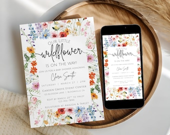 Wildblumen Baby Shower Einladung Vorlage, Boho Blumen Mädchen einladen (digitaler Download)
