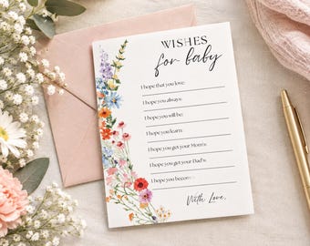 Glückwunschkarte fürs Baby, Tipps zur Babyparty, Babyparty-Spiel, Babyparty-Vorlage mit Wildblumenmuster zum Ausdrucken, Einleger für Babywünsche