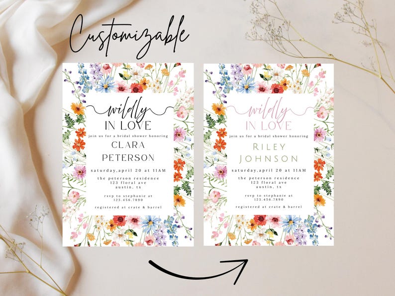 May include: Two rectangular bridal shower invitation cards featuring a colorful watercolor wildflower border. The text reads "wildly IN LOVE" followed by "join us for a bridal shower honoring" with names, dates, and location details printed in black.