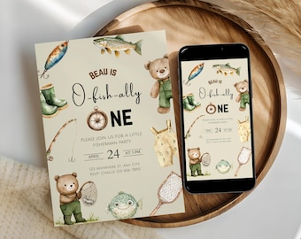 O-Fish-Ally One Geburtstagseinladung - Fischer-Party, bearbeitbare Canva-Vorlage (digitaler Download)