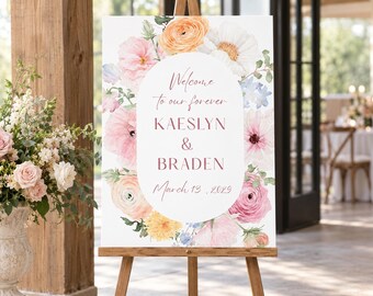 Vorlage für ein pastellfarbenes Willkommensschild zur Hochzeit mit Blumenmuster, bearbeitbares Canva-Hochzeitsschild, 18x24-Zoll-Eingangsschild für den Empfang, Aquarell-Hochzeitsdekoration mit Blumenmuster