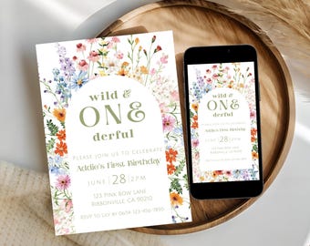 Wild and ONE-derful First Birthday Invitation Template, Wildflower 1st Birthday Invite