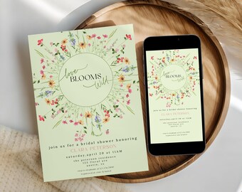 Wildflower Bridal Shower Invitation Template, Love Blooms Wild Invite, Editable Canva Template, Boho Floral Bridal Shower Invite