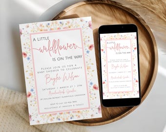 Eine kleine Wildblume ist unterwegs - Babypartyeinladung zum Ausdrucken, Floral Gender Neutral Shower Invite
