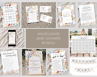 Wildblumen-Babyparty-Spiele-Bundle, bearbeitbares Blumeneinladungs-Set (digitaler Download)