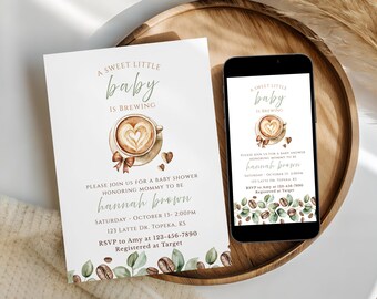 A Sweet Baby Is Brewing Invitation | Coffee Theme Baby Shower | Editable Template