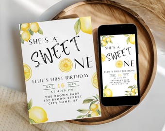 Lemon First Birthday Invitation – Sweet One, Digital Invite (5x7" & Mobile)