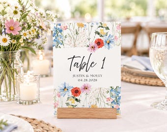 Vorlage für Tischnummern mit Wildblumenmuster für Hochzeiten, Tischnummernschild mit Blumenmuster, bearbeitbares Canva-Schild für den Hochzeitsempfang, druckbares Format 8,5 x 11 Zoll