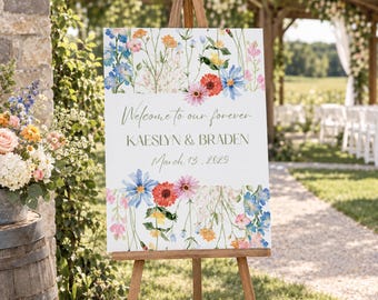 Willkommensschild für Hochzeiten mit Wildblumenmuster, Blumenschild für Hochzeiten, druckbares Willkommensposter, Dekoration für den Hochzeitseingang, Empfangsschild