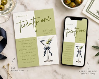 Martini-Geburtstagseinladung, Einladung zur Cocktailparty in Olivgrün, bearbeitbare Canva-Vorlage, digitale Einladung für Mobilgeräte, druckbare Feier