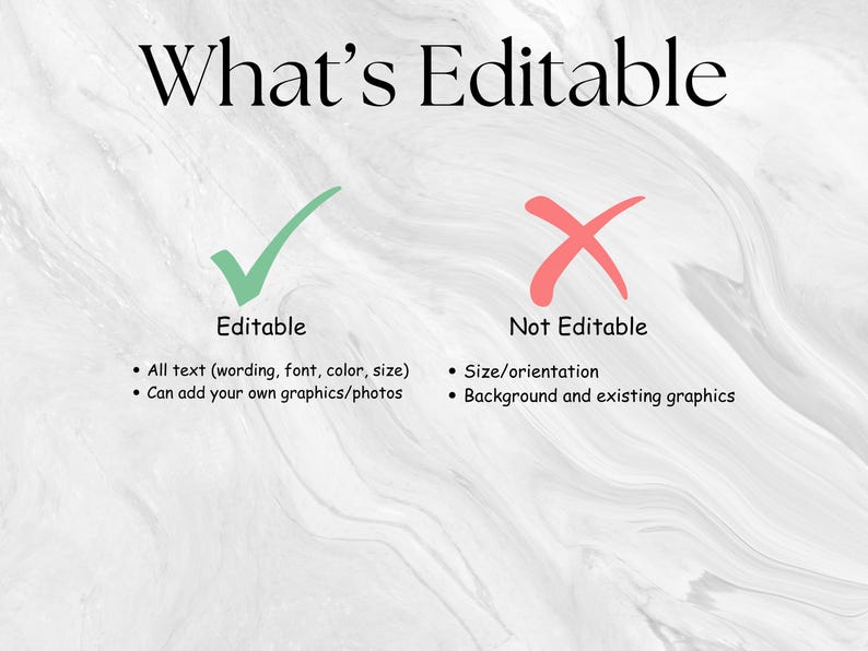 May include: An informational graphic titled What's Editable with a green checkmark above the word Editable and a red X above Not Editable. Bullet points list that all text is editable and graphics can be added, while size and background are fixed.