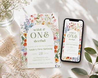 Wild and ONE-derful First Birthday Invitation Template, Wildflower 1st Birthday Invite