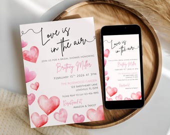 Brautparty-Einladung zum Valentinstag | Rosa & rote Herzen, bearbeitbare Vorlage (Digitaler Download)