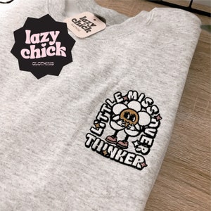 EMBROIDERED Ash Gray Cartoon Overthinker Crewneck Sweatshirt - Character Embroidery - Embroidered Sweatshirt, Cute Retro Cartoon Sweatshirts