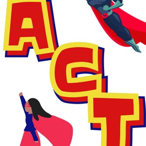Puede incluir: Una ilustración colorida de dos superhéroes, uno masculino y uno femenino, volando frente a la palabra "ACT" en letras grandes y en negrita. El texto "Compassionate Correction" aparece sobre la palabra "ACT" y el texto "For Parents" aparece debajo de la palabra "ACT".