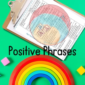 May include: A clipboard with a red and pink circle divided into sections with text in each section. The text includes phrases like "You CAN use your walking feet outside" and "You CAN say MY TURN". The clipboard is on a green surface with a rainbow-colored wooden toy and a pink and yellow block.