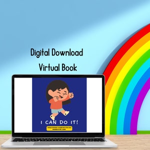 Puede incluir: Una pantalla de computadora port&aacute;til que muestra una descarga digital de un libro interactivo para ni&ntilde;os titulado "&iexcl;Puedo hacerlo!" La portada del libro presenta una ilustraci&oacute;n de dibujos animados de una ni&ntilde;a con cabello casta&ntilde;o y una camisa roja, sonriendo y levantando los brazos en el aire. El fondo es azul.