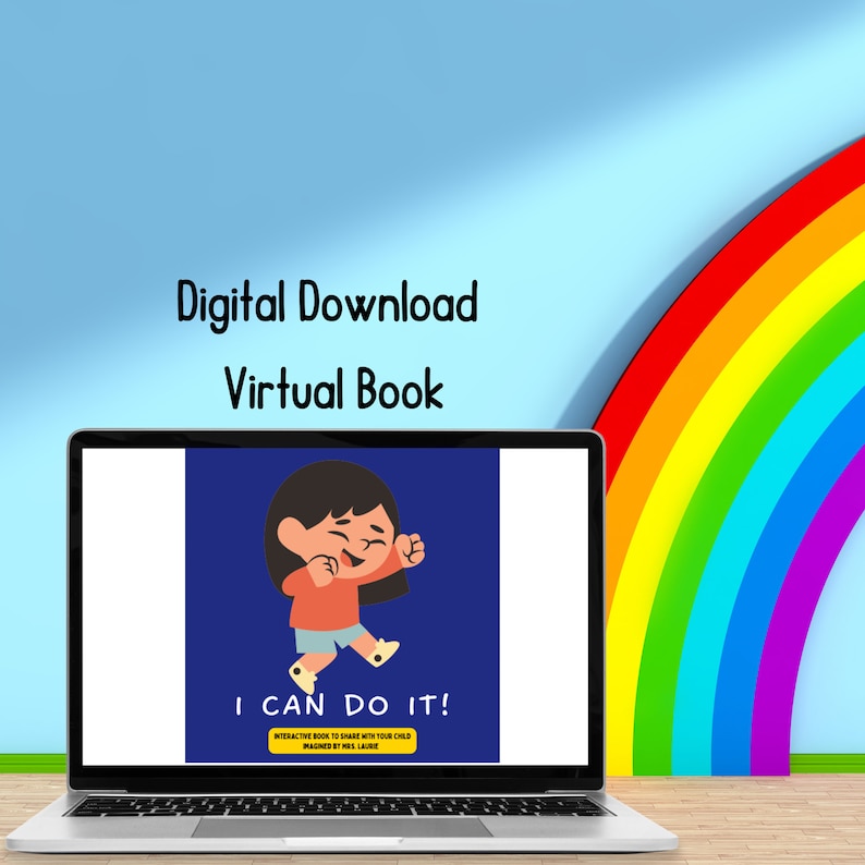 Puede incluir: Una pantalla de computadora port&aacute;til que muestra una descarga digital de un libro interactivo para ni&ntilde;os titulado "&iexcl;Puedo hacerlo!" La portada del libro presenta una ilustraci&oacute;n de dibujos animados de una ni&ntilde;a con cabello casta&ntilde;o y una camisa roja, sonriendo y levantando los brazos en el aire. El fondo es azul.