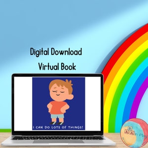 Puede incluir: Una pantalla de computadora port&aacute;til que muestra un libro digital con una ilustraci&oacute;n de dibujos animados de un ni&ntilde;o con cabello casta&ntilde;o y una camisa roja. El texto en la pantalla dice "&iexcl;Puedo hacer muchas cosas!" La computadora port&aacute;til est&aacute; sobre una superficie de madera con un arco&iacute;ris en el fondo.