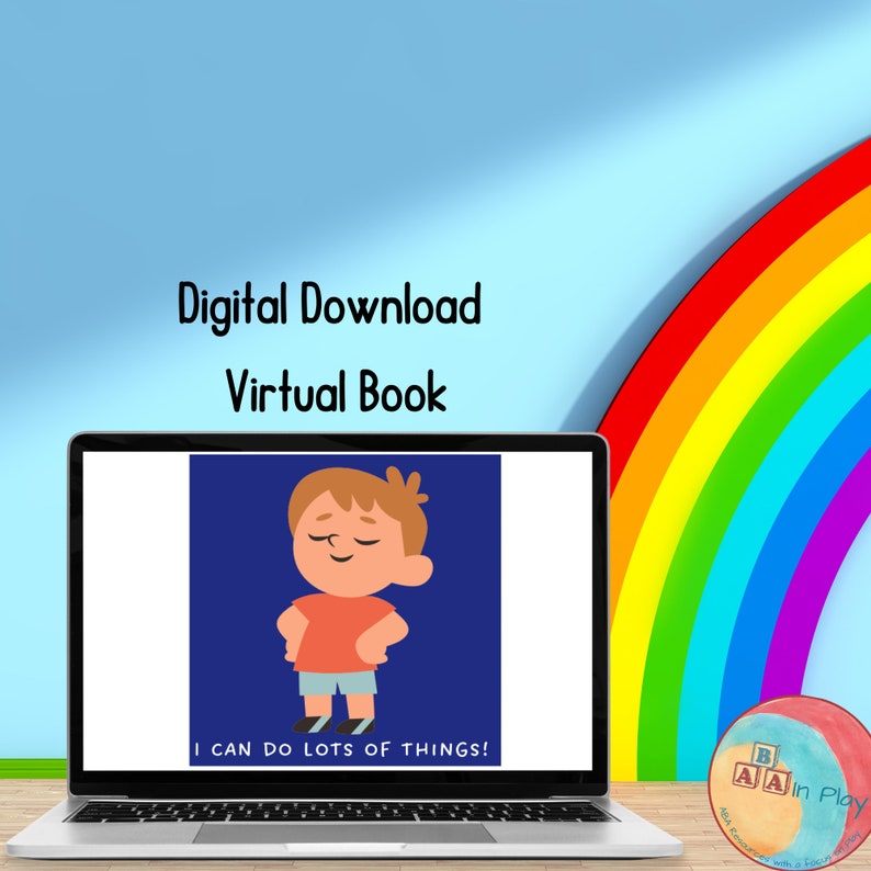 Puede incluir: Una pantalla de computadora port&aacute;til que muestra un libro digital con una ilustraci&oacute;n de dibujos animados de un ni&ntilde;o con cabello casta&ntilde;o y una camisa roja. El texto en la pantalla dice "&iexcl;Puedo hacer muchas cosas!" La computadora port&aacute;til est&aacute; sobre una superficie de madera con un arco&iacute;ris en el fondo.