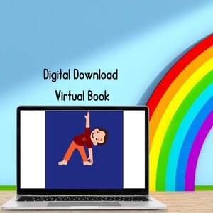 Puede incluir: Un ordenador port&aacute;til con una pantalla azul que muestra una ilustraci&oacute;n de dibujos animados de una persona haciendo yoga. El texto "Descarga digital Libro virtual" se muestra encima del port&aacute;til. Un arco&iacute;ris est&aacute; en el fondo.