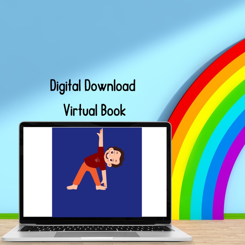 Puede incluir: Un ordenador port&aacute;til con una pantalla azul que muestra una ilustraci&oacute;n de dibujos animados de una persona haciendo yoga. El texto "Descarga digital Libro virtual" se muestra encima del port&aacute;til. Un arco&iacute;ris est&aacute; en el fondo.