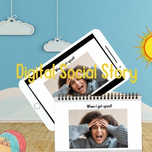 May include: A digital social story about dealing with feelings of being upset. The story features a woman with curly hair, wearing a blue sweater, with her hands on her head, looking distressed. The text on the screen reads "When I get upset!"