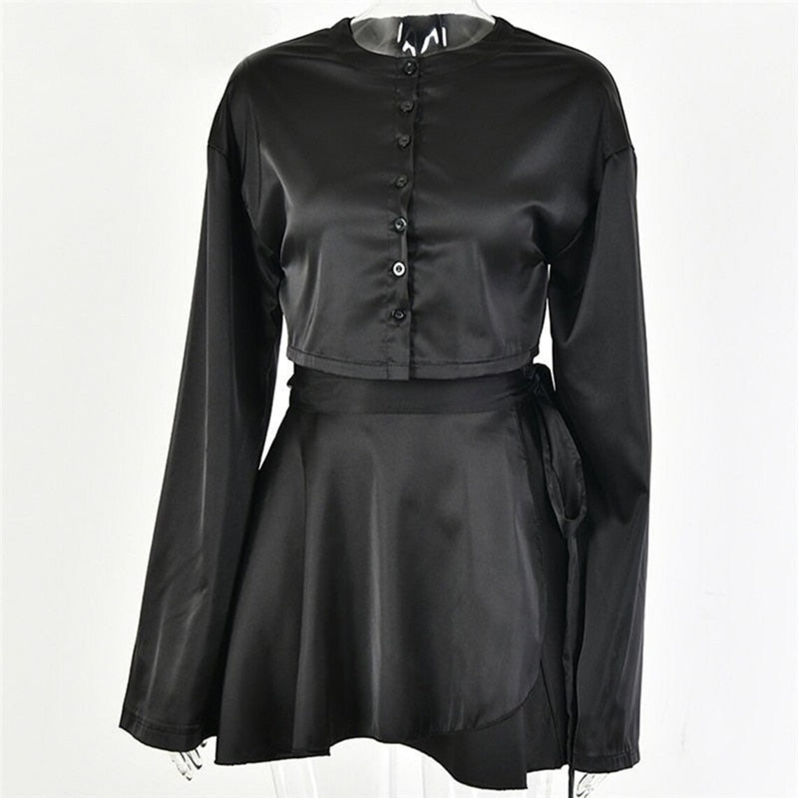 Satin Raw Hem Tied Two Piece Skirt Set
