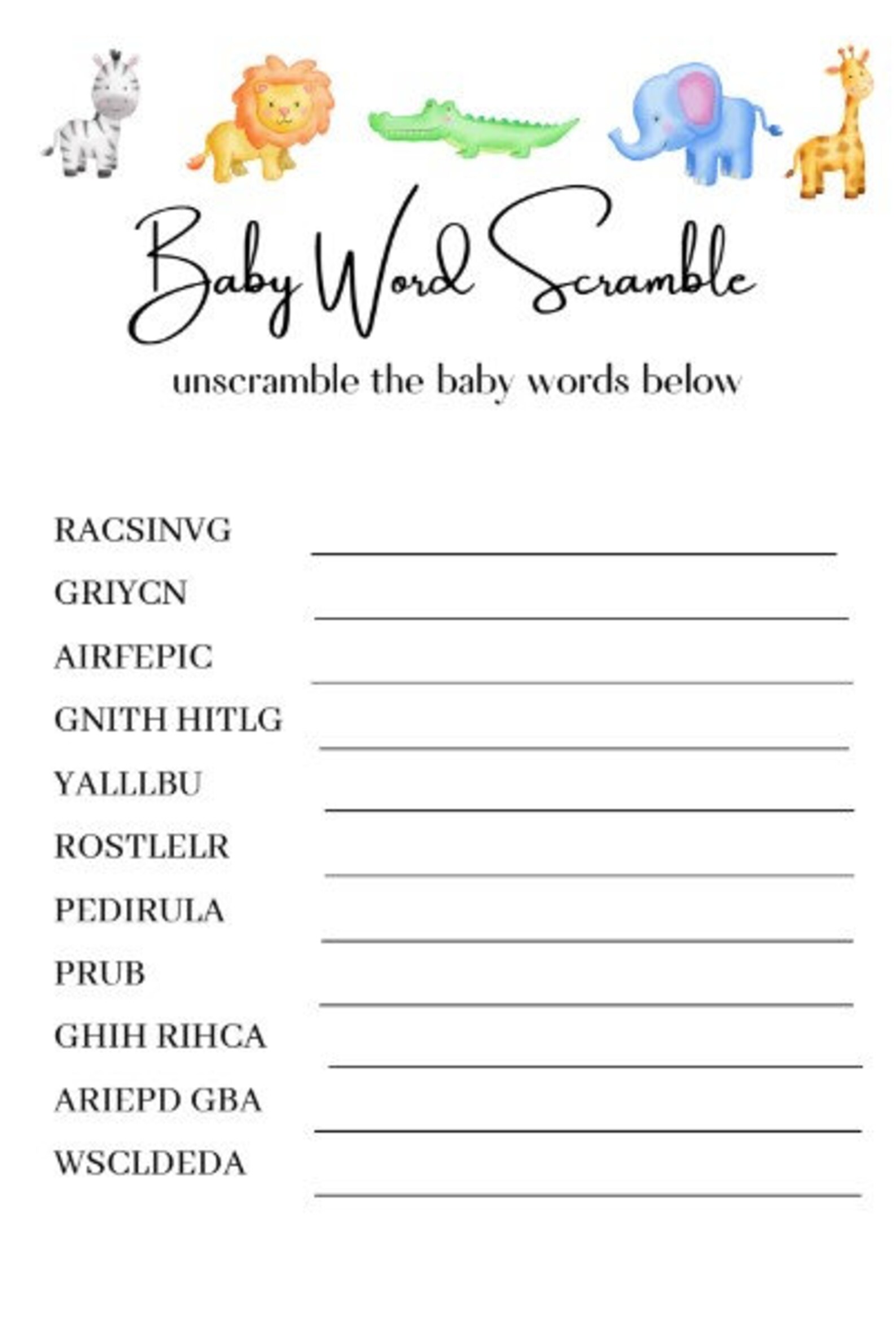 Baby Animals Baby Shower Games Printable, Baby Shower Games Bundle ...
