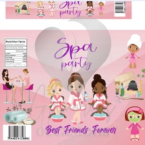 May include: Pink and purple spa party invitation with cartoon girls in robes and a spa setting. The text reads "Spa party" and "Best Friends Forever".