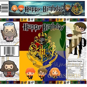 以下が含まれることがあります： ハリーポッターをテーマにした誕生日パーティーの記念品袋。カラフルなホグワーツの紋章、栄養成分表示ラベル、ハリーポッターのキャラクターが描かれています。袋には「ハッピーバースデー」の文字が書かれています。