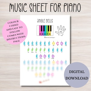 Könnte beinhalten: Ein Notenblatt für Klavier mit dem Titel "Jingle Bells". Das Blatt enthält farbcodierte Noten und Anweisungen, einschließlich eines Diagramms einer Klaviatur und einer Hand, die die Fingerplatzierung anzeigt. Der Text "Digitaler Download" ist ebenfalls vorhanden.