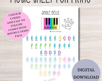Puede incluir: Una partitura para piano de "Jingle Bells" con notas e instrucciones codificadas por colores. La partitura incluye un diagrama de teclado de piano y una mano que indica la colocación de los dedos. El texto "Descarga digital" también está presente.