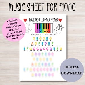 Te amo (canción de Barney) Partitura para piano, aprende a tocar el piano con código de colores para niños y principiantes, notas de letras, partitura para piano sencilla y fácil