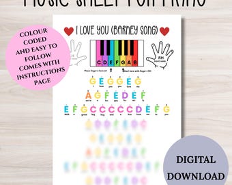 Könnte beinhalten: Ein weißes Notenblatt für Klavier mit dem Text "MUSIC SHEET FOR PIANO" oben. Das Blatt enthält das Lied "I Love You (Barney Song)" mit farbcodierten Noten und Fingereinsatzanweisungen. Digitaler Download.