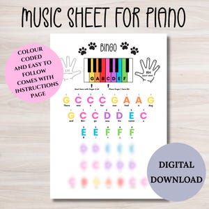 BINGO Piano music sheet, learn piano colour coded for kids and beginners, letter notes, simple easy piano sheet