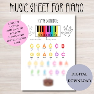 Happy Birthday Piano music sheet, learn piano colour coded for kids and beginners, letter notes, simple easy piano sheet