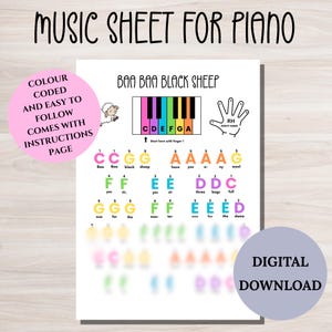 Partitura para piano de Baa Baa Black Sheep, aprende a tocar el piano con código de colores para niños y principiantes, notas de letras, partitura de piano sencilla y fácil.