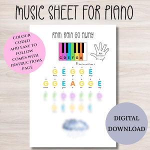 Rain, Rain go away Piano music sheet, learn piano colour coded for kids and beginners, letter notes, simple easy piano sheet