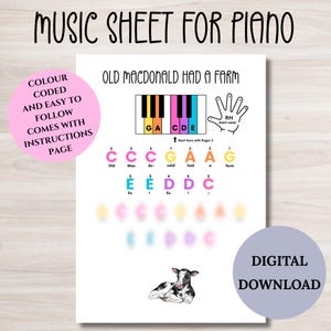 Old MacDonald Piano music sheet, learn piano colour coded for kids and beginners, letter notes, simple easy piano sheet