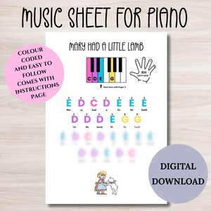 Op de afbeelding: Muziekblad voor piano met het liedje "Mary Had a Little Lamb". Het blad bevat kleurgecodeerde noten, een pianoklavierafbeelding en de tekst "Digitale download". Inclusief instructiepagina.