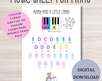 Könnte beinhalten: Notenblatt für Klavier mit dem Lied "Mary Had a Little Lamb". Das Blatt enthält farbcodierte Noten, eine Klaviertastatur-Grafik und den Text "Digitaler Download". Inklusive Anleitungsseite.