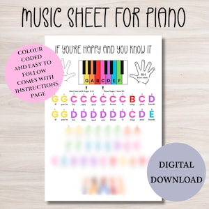 If you&#39;re happy and you know it Piano music sheet, learn piano colour coded for kids and beginners, letter notes, simple easy piano sheet