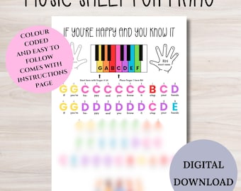 Könnte beinhalten: Ein Musikblatt für Klavier mit dem Text "If You're Happy and You Know It". Das Blatt enthält eine farbcodierte Klaviatur, Anweisungen zur Fingerplatzierung und den Text des Liedes. Der Text "Digitaler Download" ist ebenfalls vorhanden.